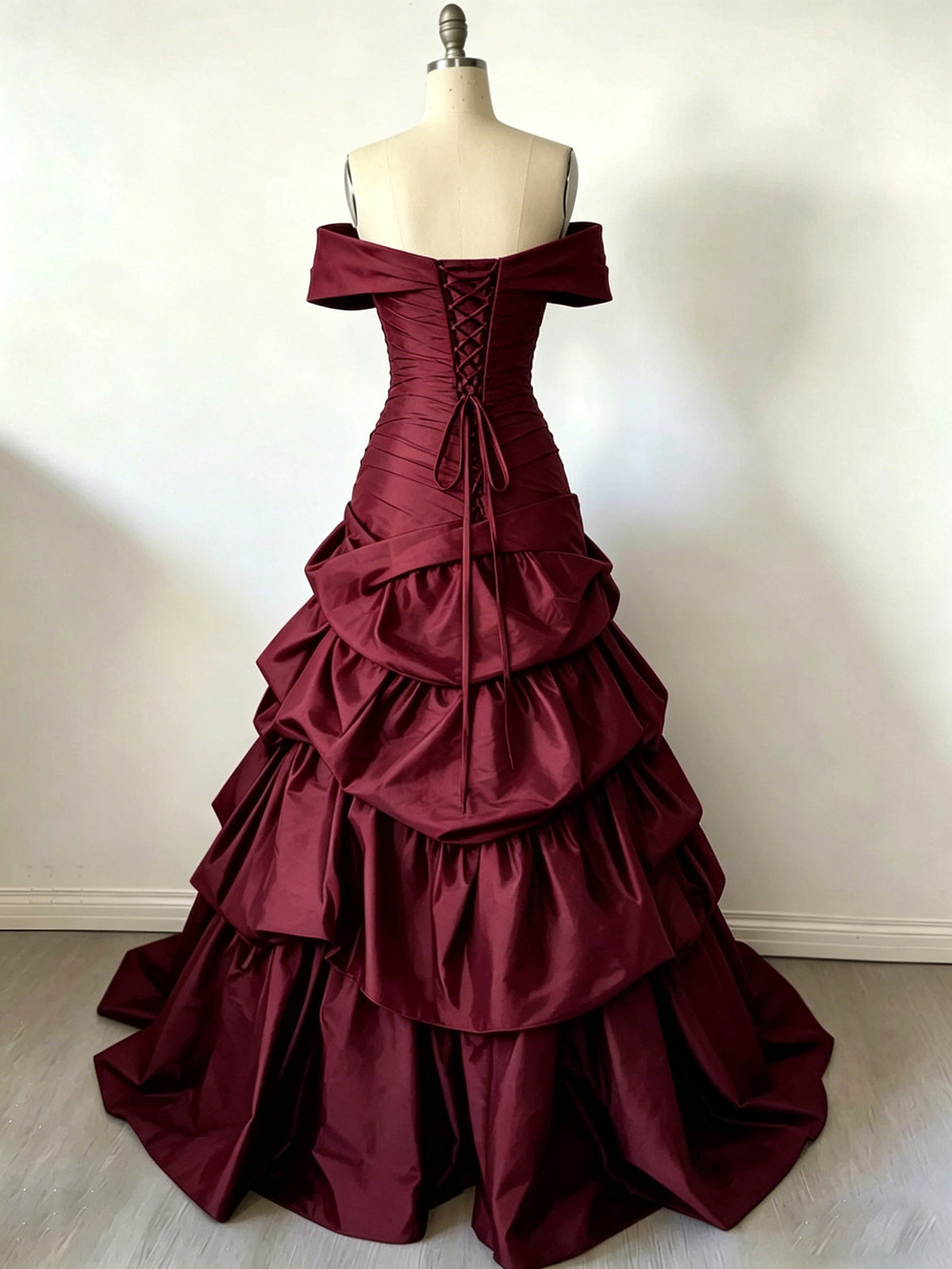 A-line Off Shoulder Satin Floor Length Burgundy Prom Dress