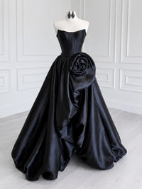A-line Spoon Neck Satin Black Long Prom Dress