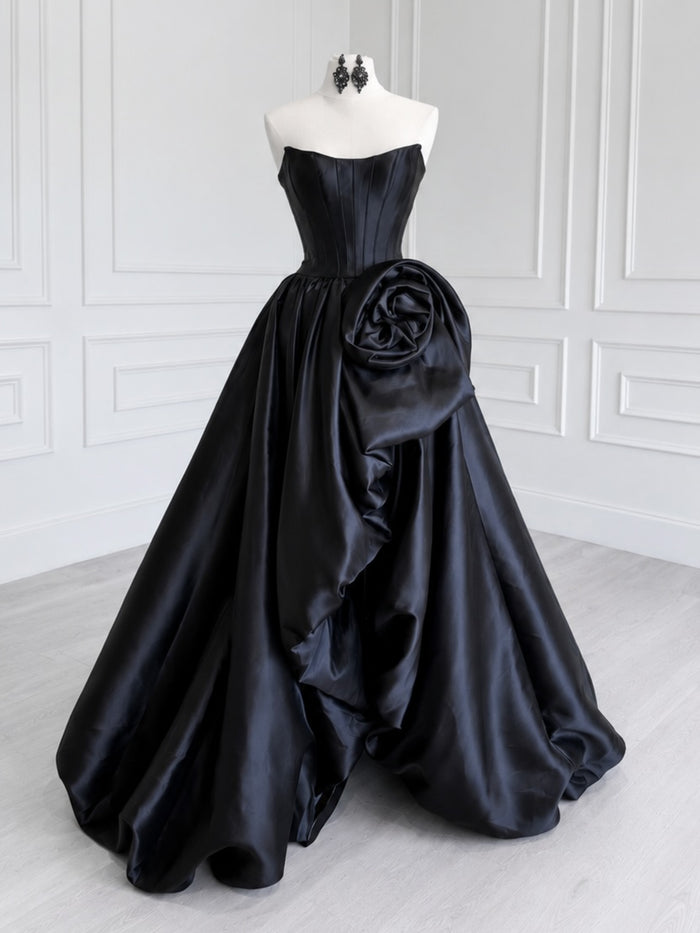 A-line Spoon Neck Satin Black Long Prom Dress