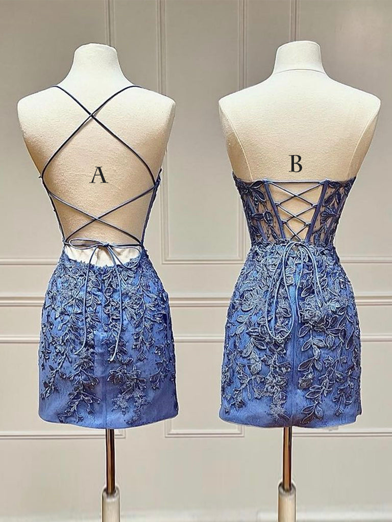 Blue Sweetheart Neck Lace Short Prom Dress, Blue Homecoming Dress