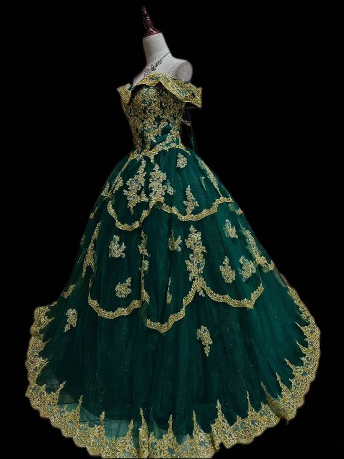 A-Line Tulle Lace Emerald Green Long Prom Dress, Green Sweet 16 Dress