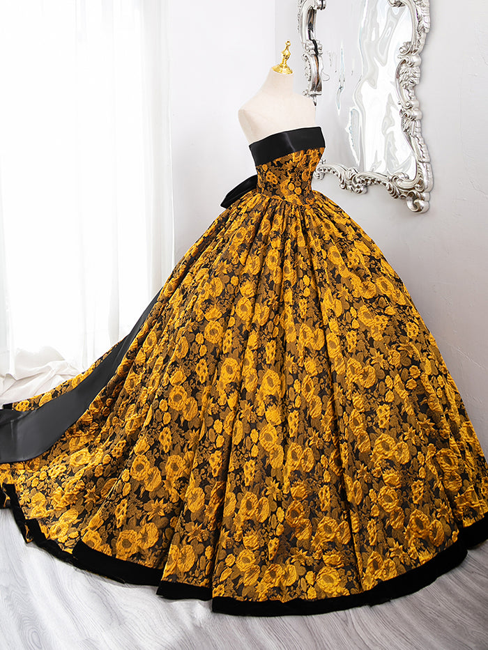 A-Line Yellow Satin Lace Long Prom Dress, Yellow Long Evening Dress