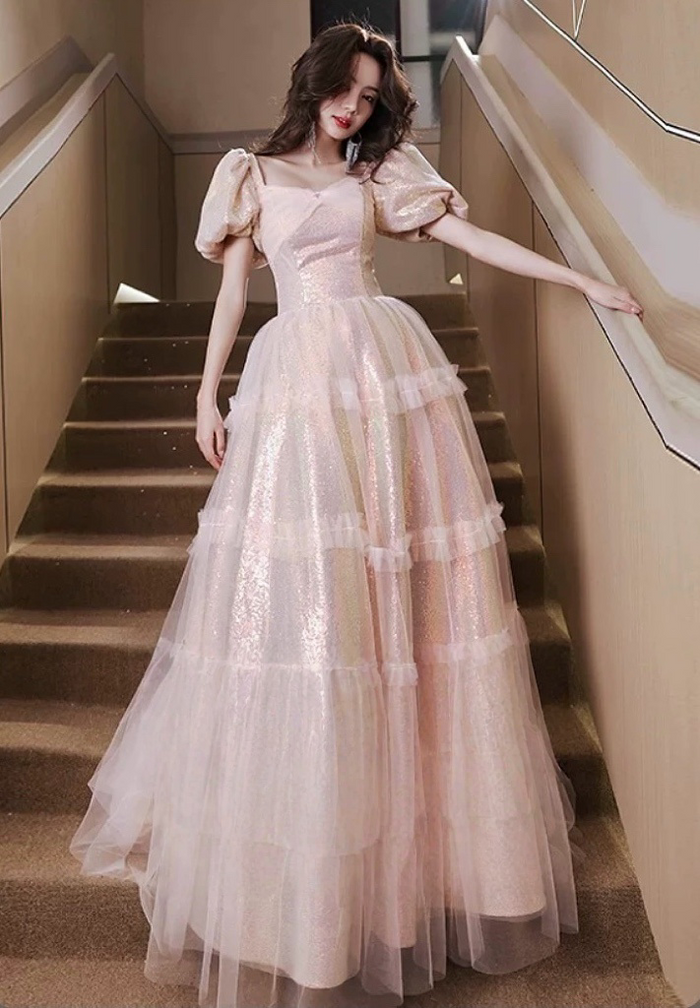 A-Line Puff Sleeves Sequin Tulle Pink Long Prom Dress, Pink Long Formal Dress