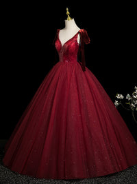 A-Line V Neck Sequin Tulle Burgundy Long Prom Dress, Burgundy Long Formal Dress