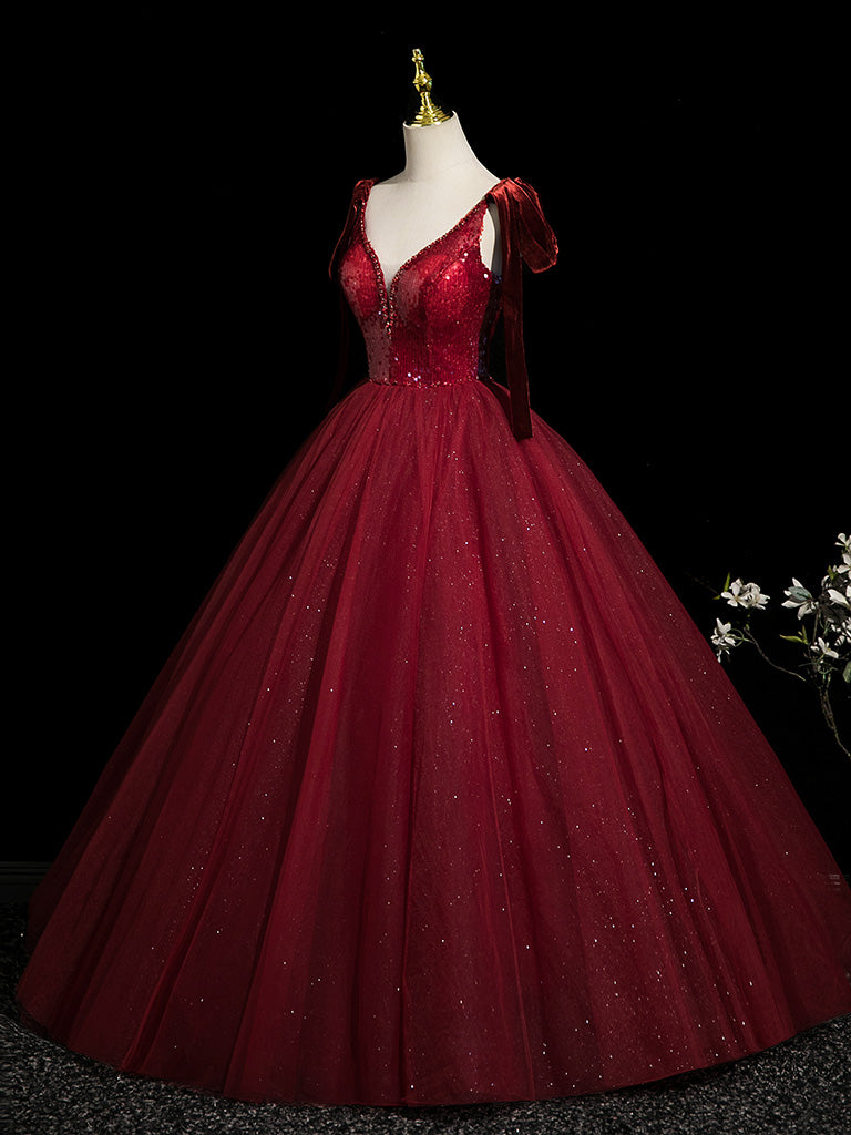 A-Line V Neck Sequin Tulle Burgundy Long Prom Dress, Burgundy Long Formal Dress