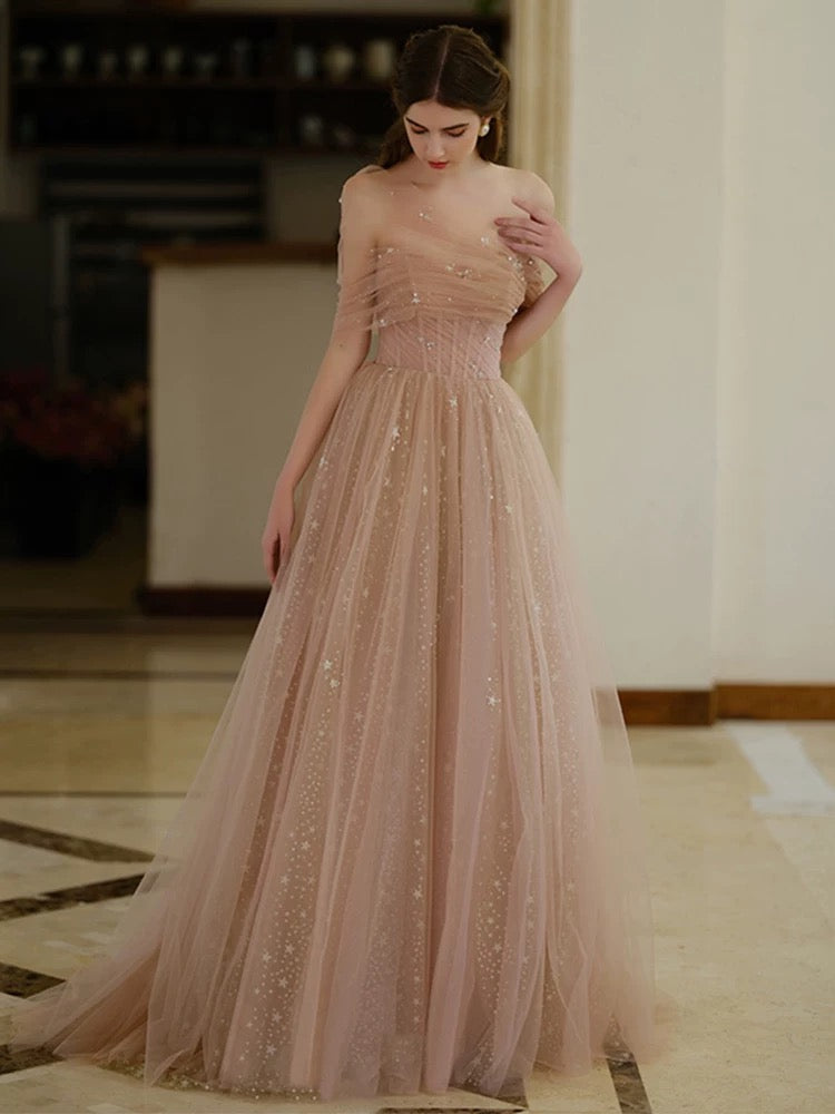 A-Line Off Shoulder Tulle Champagne Long Prom Dress, Champagne Long Formal Dress