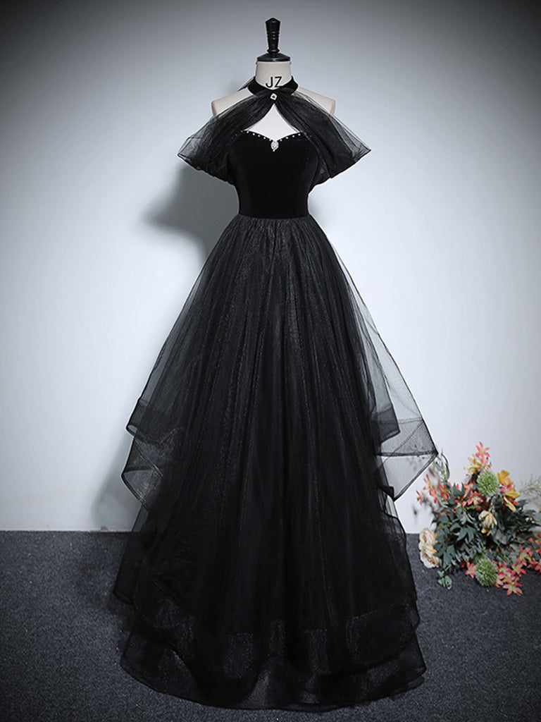 A-Line Tulle Black Long Prom Dress, Black Long Formal Dress
