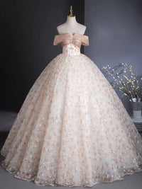 A-Line Off Shoulder Tulle Lace Champagne Long Prom Dress, Champagne Formal Dress