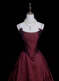 A-line Spoon Neck Satin Burgundy Long Prom Dress with Beds