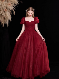 A-Line Puff Sleeves Tulle Burgundy Long Prom Dress, Burgundy Long Evening Dress
