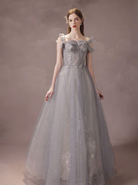 A-Line Tulle Lace Gray Long Prom Dress, Gray Long Formal Dress