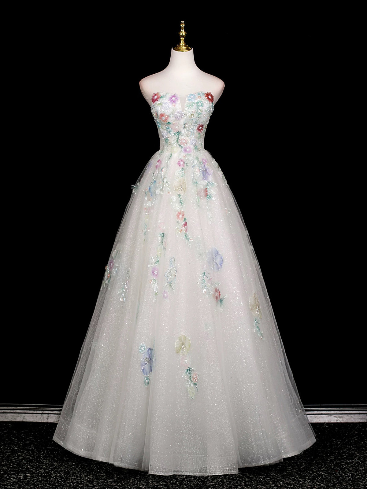 A-Line Long Sleeves Tulle White Long Prom Dress, White Long Graduation Dress
