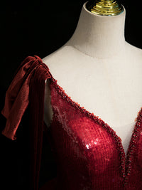 A-Line V Neck Sequin Tulle Burgundy Long Prom Dress, Burgundy Long Formal Dress