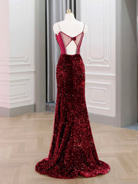 Mermaid Sweetheart Neck Sequin Burgundy Long Prom Dress, Burgundy Formal Dress
