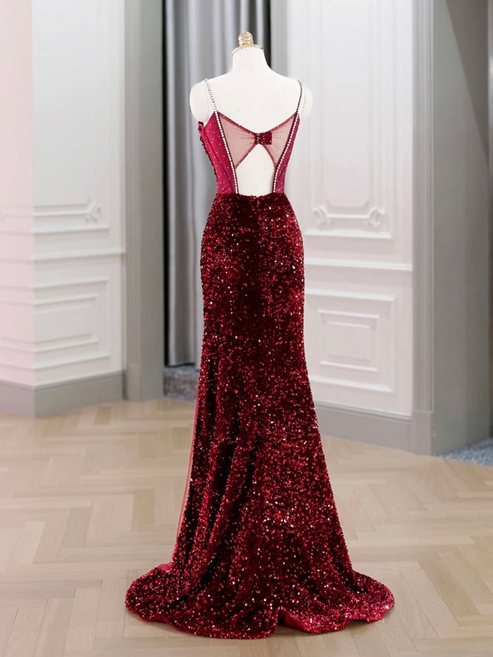 Mermaid Sweetheart Neck Sequin Burgundy Long Prom Dress, Burgundy Formal Dress