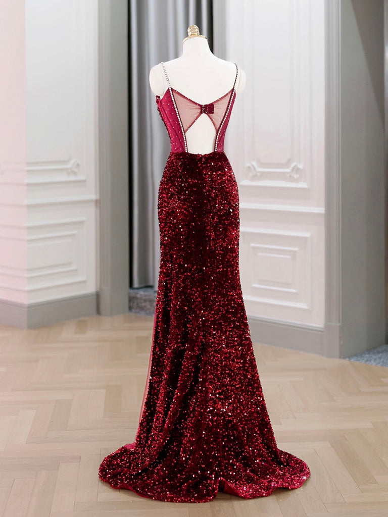Mermaid Sweetheart Neck Sequin Burgundy Long Prom Dress, Burgundy Formal Dress