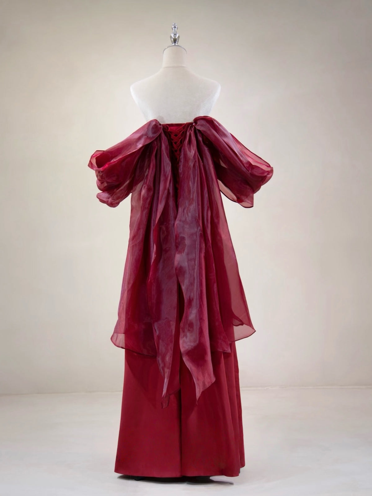 A-line Off Shoulder Satin Floor Length Burgundy Prom Dress