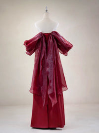 A-line Off Shoulder Satin Floor Length Burgundy Prom Dress