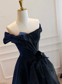 A-Line Off Shoulder Organza Dark Blue Long Prom Dress, Dark Blue Long Formal Dress