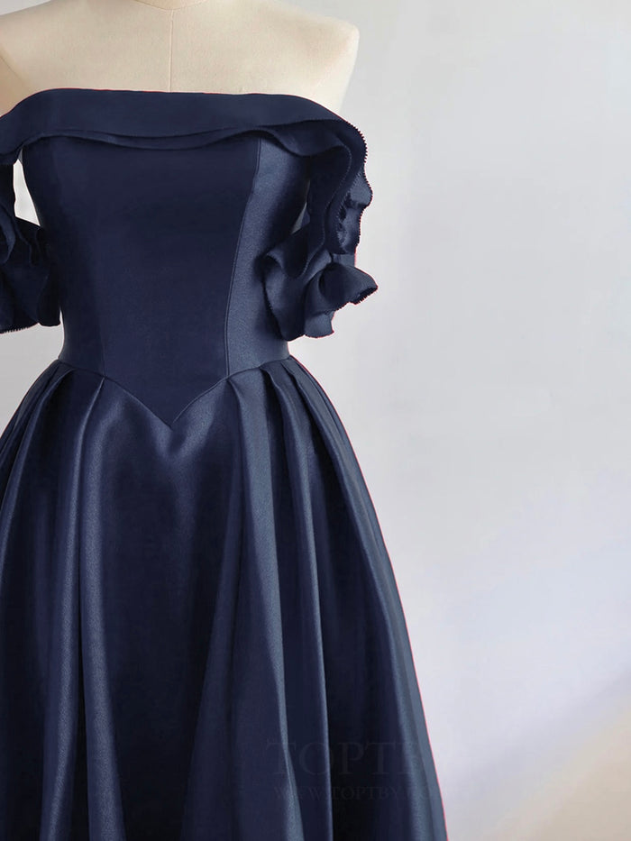 A-Line Off Shoulder Satin Dark Blue Long Prom Dress, Dark Blue Long Formal Dress