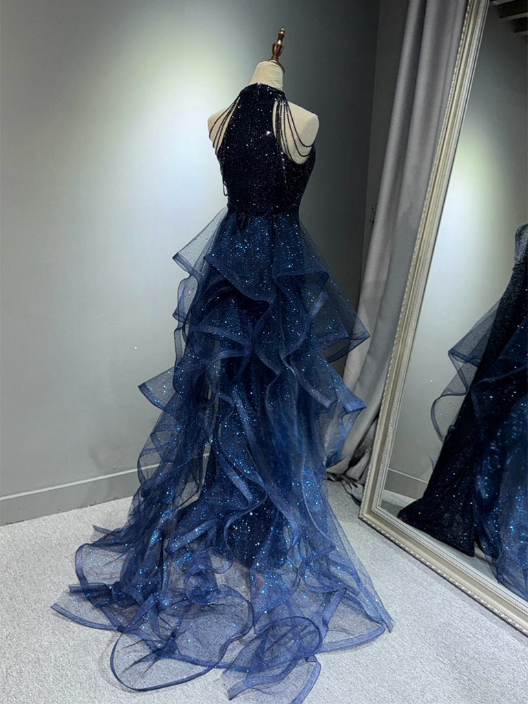 Unique High Neck Tulle Sequin Dark Blue Long Prom Dress with Beads – toptby
