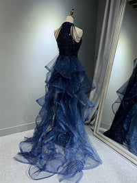 Unique High Neck Tulle Sequin Dark Blue Long Prom Dress with Beads