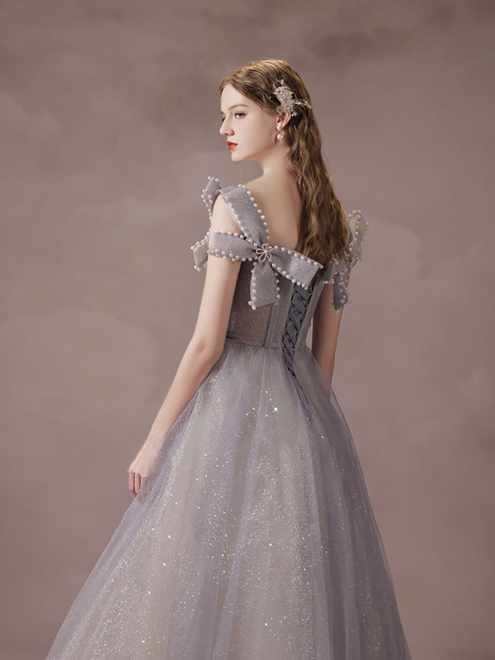 A-Line Tulle Lace Gray Long Prom Dress, Gray Long Formal Dress