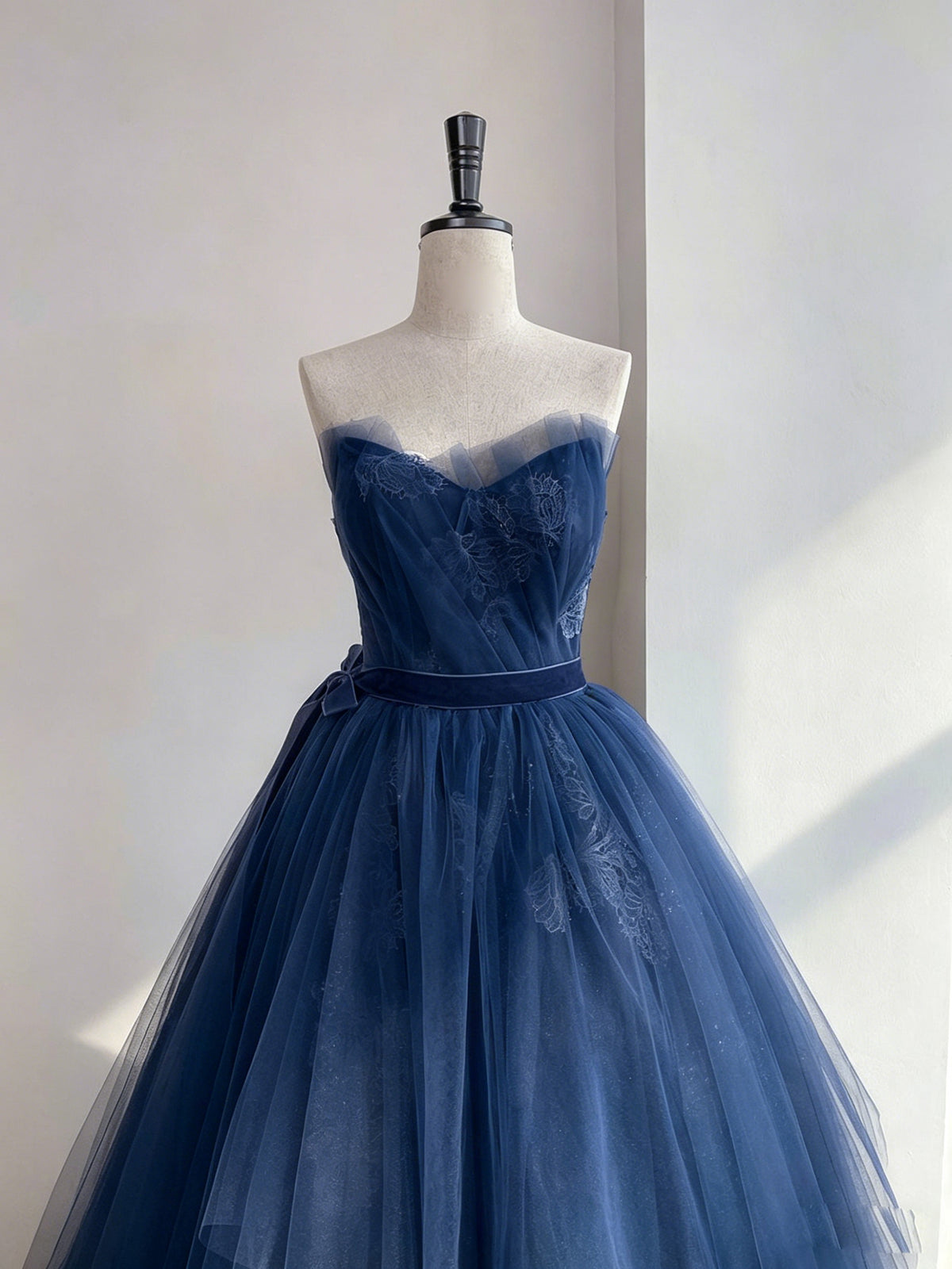 A-line Tulle Lace Floor Length Dark Blue Long Prom Dress