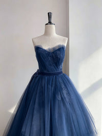 A-line Tulle Lace Floor Length Dark Blue Long Prom Dress