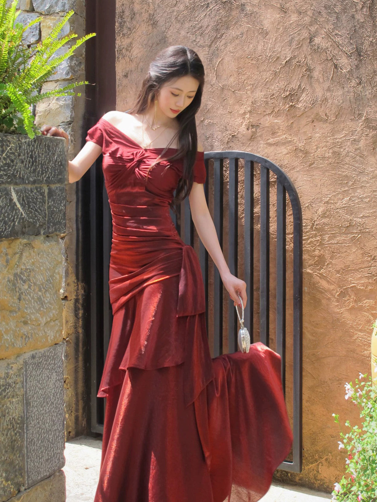 Mermaid Off Shoulder Silk Burgundy Long Prom Dress, Burgundy Party Dre – toptby