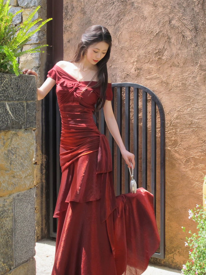 Mermaid Off Shoulder Silk Burgundy Long Prom Dress, Burgundy Party Dress