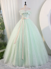 Green Off Shoulder Tulle Green Long Prom Dress, Green Lace Long Sweet 16 Dress