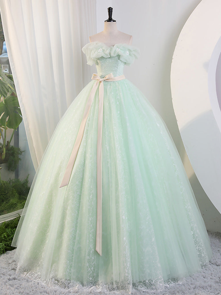 Green Off Shoulder Tulle Green Long Prom Dress, Green Lace Long Sweet toptby Green Off Shoulder Tulle Green Long Prom Dress, Green Lace Long Sweet toptby