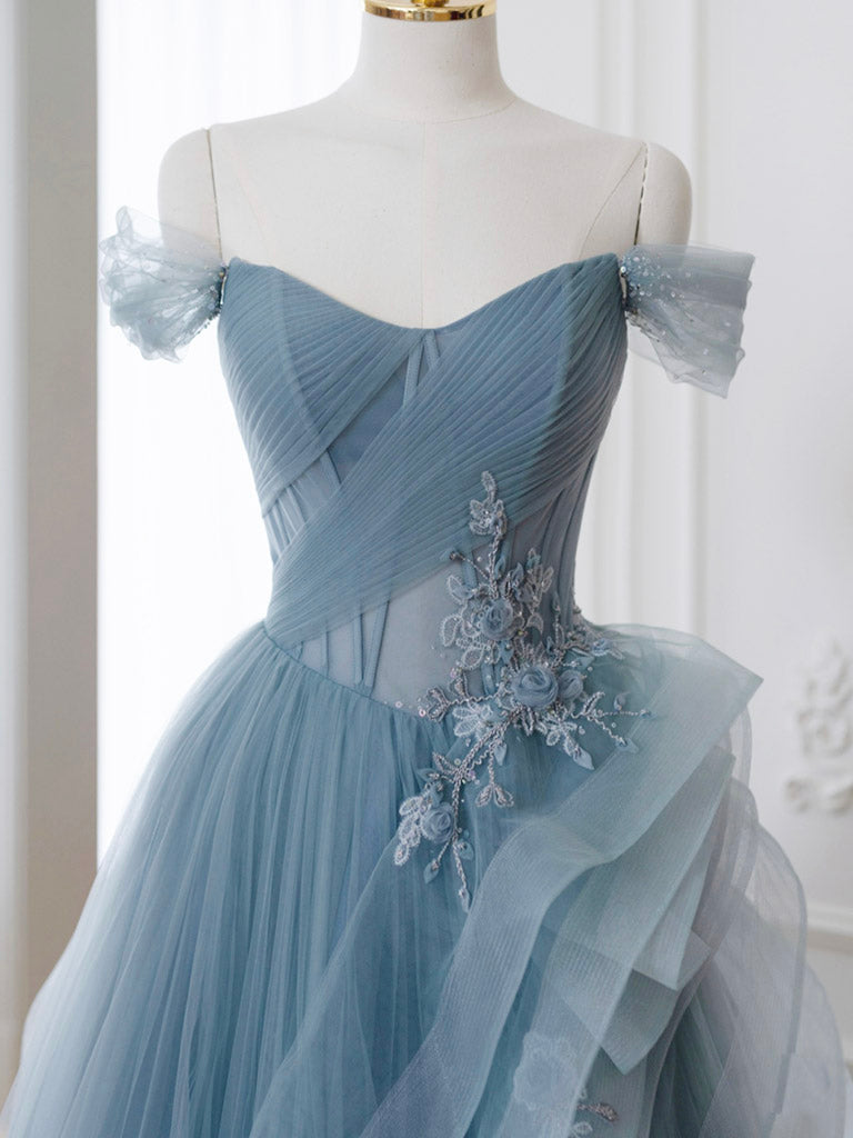 Gray Blue Tulle Lace Long Prom Dress, Gray Blue Formal Dress