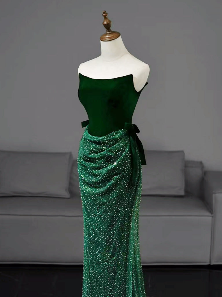 Mermaid Tulle Velvet Green Long Prom Dress, Green Long Formal Dress