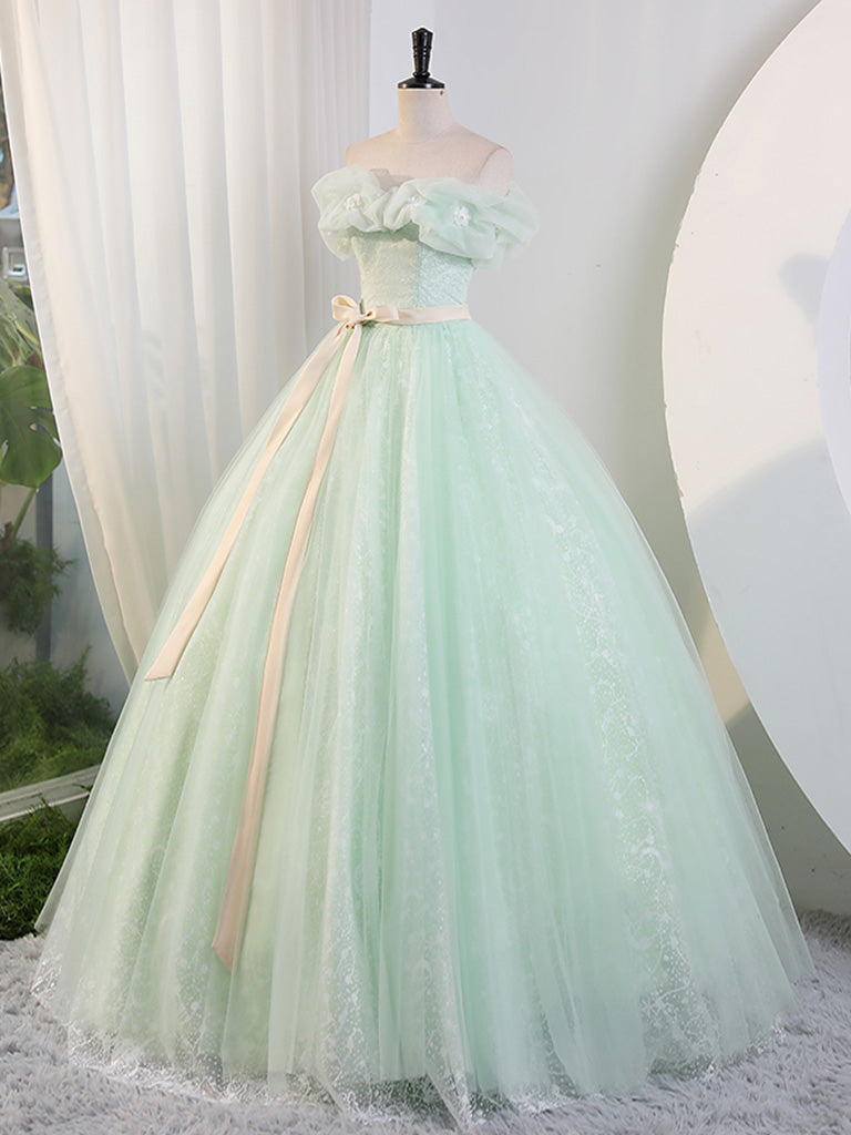 Green Off Shoulder Tulle Green Long Prom Dress, Green Lace Long Sweet toptby Green Off Shoulder Tulle Green Long Prom Dress, Green Lace Long Sweet toptby