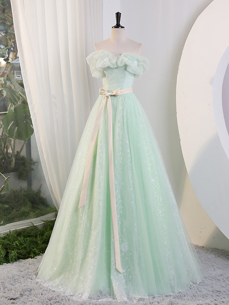 Green Off Shoulder Tulle Green Long Prom Dress, Green Lace Long Sweet toptby Green Off Shoulder Tulle Green Long Prom Dress, Green Lace Long Sweet toptby
