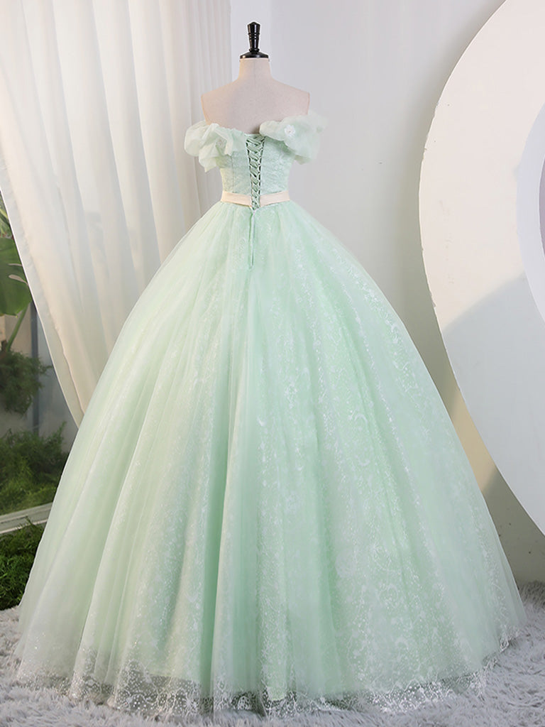 Green Off Shoulder Tulle Green Long Prom Dress, Green Lace Long Sweet 16 Dress
