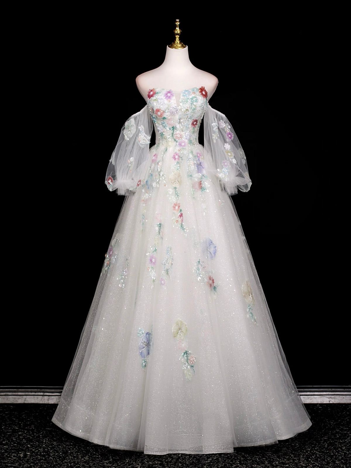 A-Line Long Sleeves Tulle White Long Prom Dress, White Long Graduation Dress