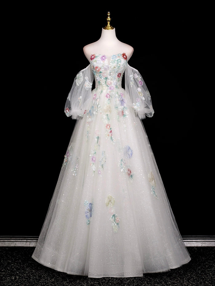 A-Line Long Sleeves Tulle White Long Prom Dress, White Long Graduation Dress