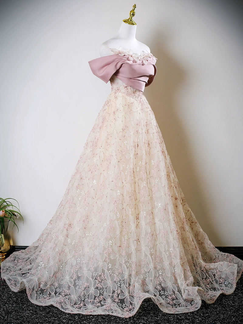 A-Line Off Shoulder Tulle Lace Champagne Long Prom Dress, Champagne Long Formal Dress