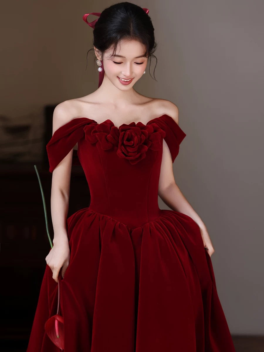 A-line Sweetheart Neck Off Shoulder Floor Length Burgundy Prom Dress
