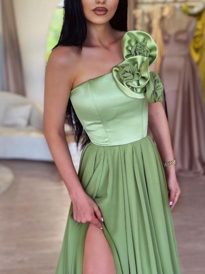 A-Line Chiffon/Satin Green Long Prom Dress, Green Formal Dress