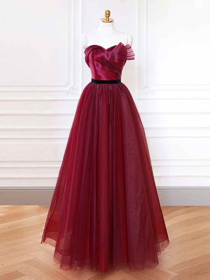 A-Line Sweetheart Neck Tulle Burgundy Long Prom Dress, Burgundy Long Formal Dress