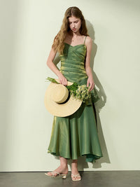 A-line Sweetheart Tea Length Silk Green Prom Party Dress