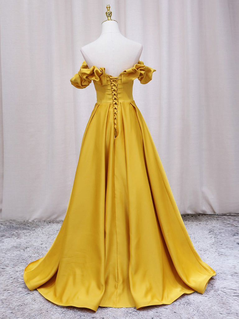 A-Line Off Shoulder Satin Yellow Long Prom Dress, Yellow Formal Dress