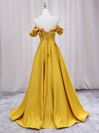 A-Line Off Shoulder Satin Yellow Long Prom Dress, Yellow Formal Dress