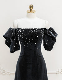 Black Velvet Beads Short Prom Dress, Black Evening Dress