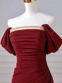 Mermaid Off Shoulder Tulle Satin Burgundy Long Prom Dress with Beads