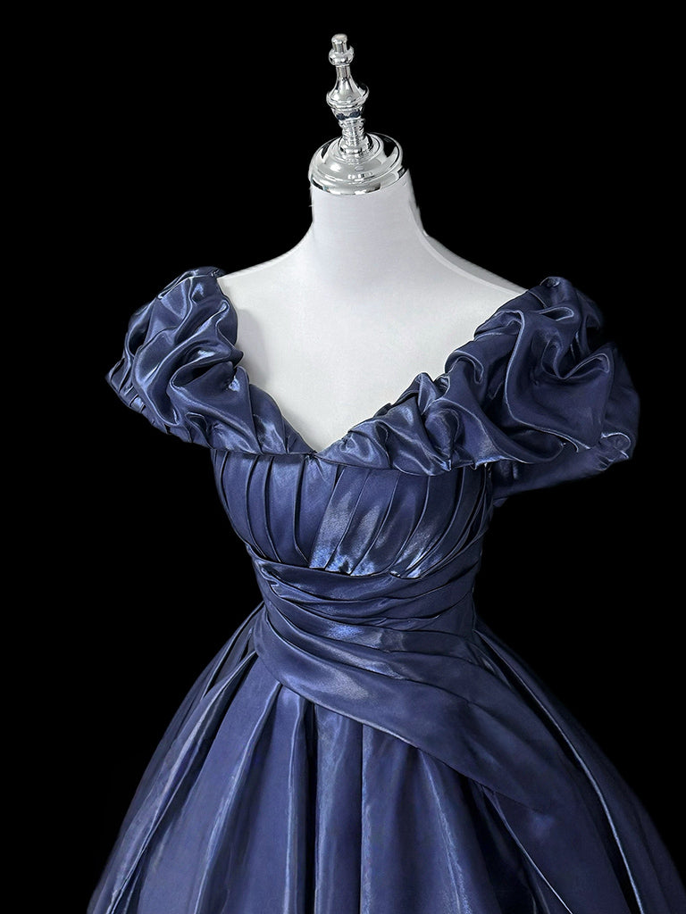 A-Line Off Shoulder Satin Dark Blue Long Prom Dress, Dark Blue Long Formal Dress